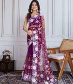 Designer multi thread embroidery work purple soft net saree