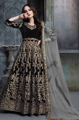 Black velvet resham embroidered anarkali suit
