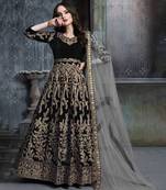 Black velvet resham embroidered anarkali suit
