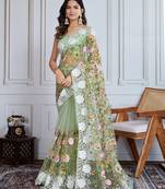 Designer multi thread embroidery work pista soft net saree