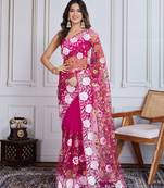 Designer multi thread embroidery work dark pink soft net saree