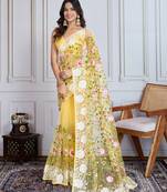 Designer multi thread embroidery work yellow soft net saree