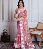 Designer multi thread embroidery work light pink soft net saree