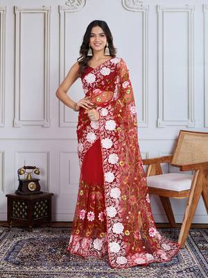 Designer multi thread embroidery work maroon soft net saree 1