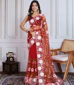 Designer multi thread embroidery work maroon soft net saree
