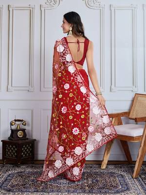 Designer multi thread embroidery work maroon soft net saree 2