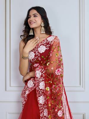 Designer multi thread embroidery work maroon soft net saree 3