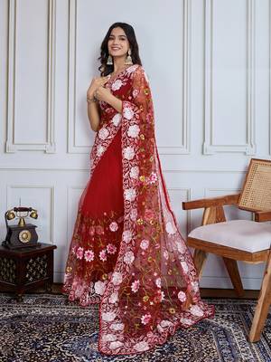 Designer multi thread embroidery work maroon soft net saree 5