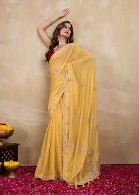 Yellow Organza Embroidery Saree with Velvet Blouse Piece 4