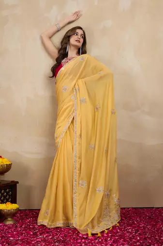 Trendmalls Yellow Organza Embroidery Saree with Velvet Blouse Piece