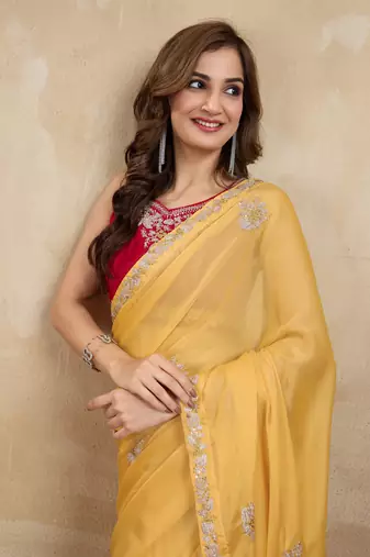 Trendmalls Yellow Organza Embroidery Saree with Velvet Blouse Piece