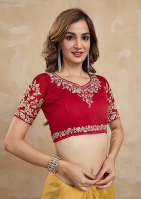 Yellow Organza Embroidery Saree with Velvet Blouse Piece 6