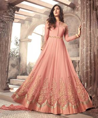 Peach zari embroidery and dimond work net anarkali churidar- full stitched 1