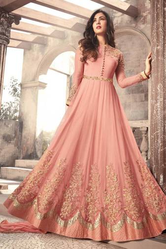 Peach zari embroidery and dimond work net anarkali churidar- full stitched