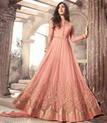Peach zari embroidery and dimond work net anarkali churidar- full stitched