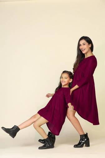 Trendy maroon high-low dresses for mom and daughter - matching set