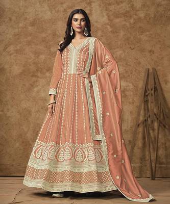 Peach embroidery dolla silk anarkali suit 1