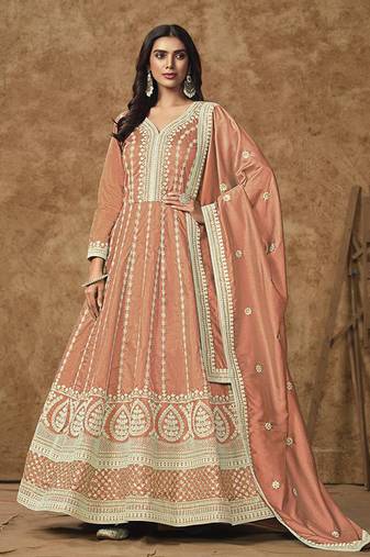 Peach embroidery dolla silk anarkali suit