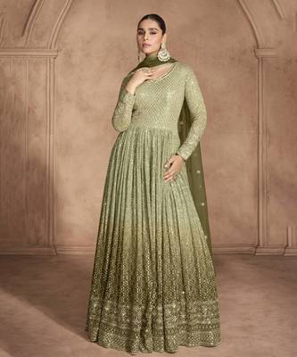 Pista green georgette embroidered anarkali suit 1