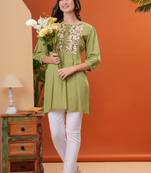 Women rayon fabric green color round neck above knee length 3/4 sleeves short kurti