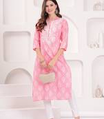 Women cotton fabric pink color round/notch neck calf length 3/4 sleeves kurta