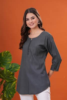 Women rayon fabric grey color round neck above knee length 3/4 sleeves short kurti 3