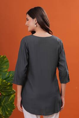 Women rayon fabric grey color round neck above knee length 3/4 sleeves short kurti 4