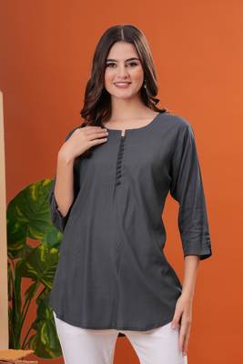 Women rayon fabric grey color round neck above knee length 3/4 sleeves short kurti 5