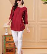 Women rayon fabric maroon color round neck above knee length 3/4 sleeves short kurti