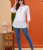 Women rayon fabric white color round neck above knee length 3/4 sleeves short kurti