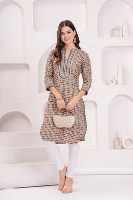 Women rayon fabric black color mandarian neck calf length 3/4 sleeves kurta 1