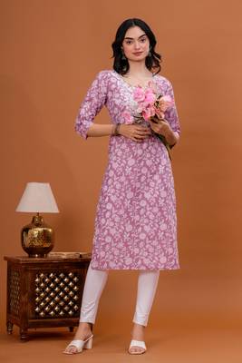 Women cotton fabric pink color round neck calf length 3/4 sleeves kurta 1