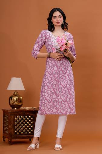Women cotton fabric pink color round neck calf length 3/4 sleeves kurta