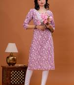 Women cotton fabric pink color round neck calf length 3/4 sleeves kurta