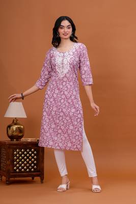Women cotton fabric pink color round neck calf length 3/4 sleeves kurta 2