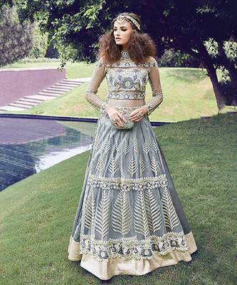Grey embroidery zari work net anarkali suit 1