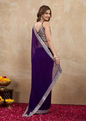 Trendmalls Purple Georgette Embroidery work Saree with Blouse Piece 3