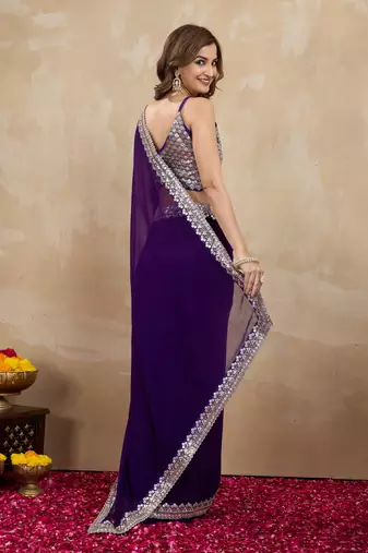 Trendmalls Purple Georgette Embroidery work Saree with Blouse Piece