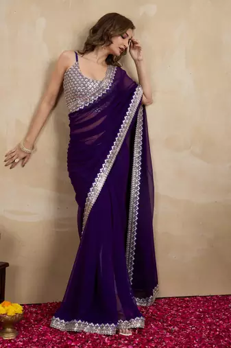 Trendmalls Purple Georgette Embroidery work Saree with Blouse Piece