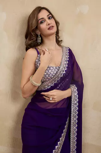 Trendmalls Purple Georgette Embroidery work Saree with Blouse Piece