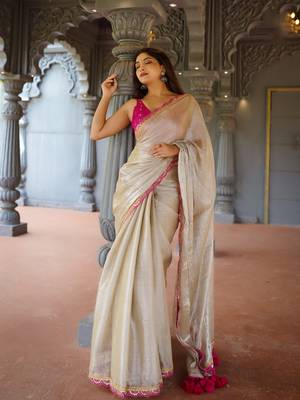 Gold and Cream Dual-Tone Saree with Elegant Embroidered Lace 1