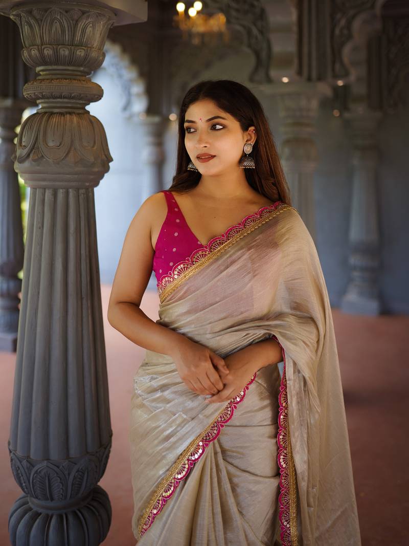 Gold and Cream Dual-Tone Saree with Elegant Embroidered Lace