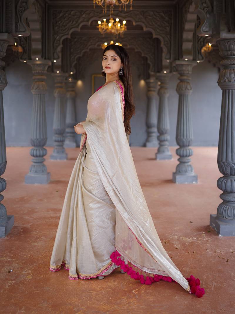 Gold and Cream Dual-Tone Saree with Elegant Embroidered Lace