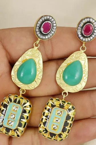 Gold finish green onyx earrings
