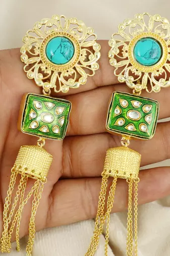 Gold finish turquoise dangle earrings