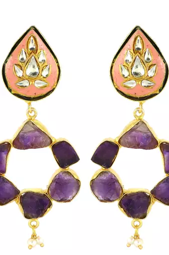 Gold finish amethyst rough earrings