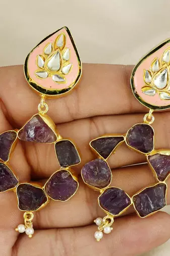 Gold finish amethyst rough earrings