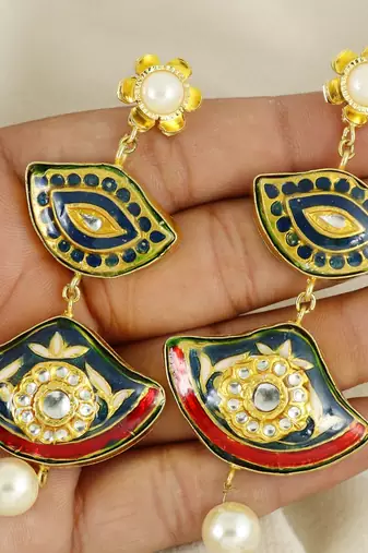 Gold finish meenakari pearl earrings