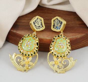 Gold finish green meena earrings 1