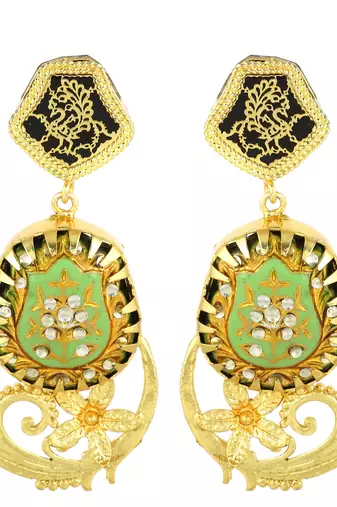 Gold finish green meena earrings